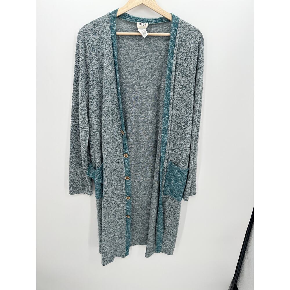 Bibi Cardigan Women XL Blue Faux Button Open Front Long Sweater Rayon‎ Blend